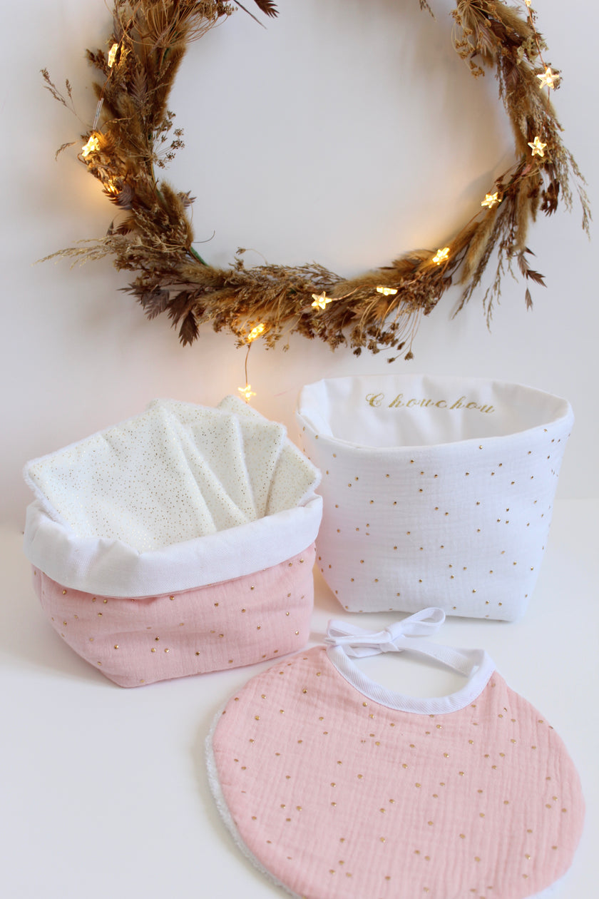 panier de rangement en gaze de coton rose poudré avec pois dorés