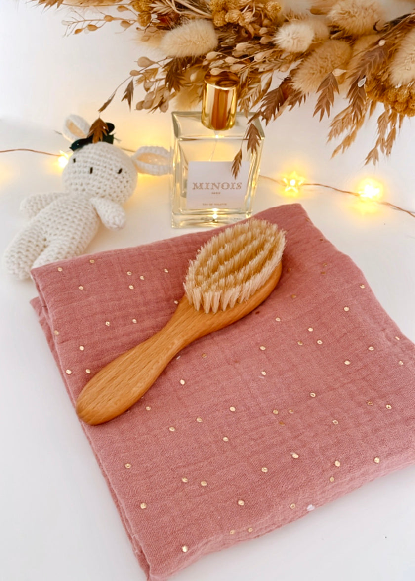 lange en gaze de coton vieux rose avec petits pois dorés 