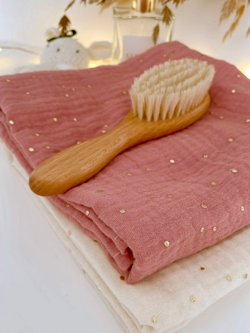 langes en gaze de coton bio vieux rose petits pois dorés