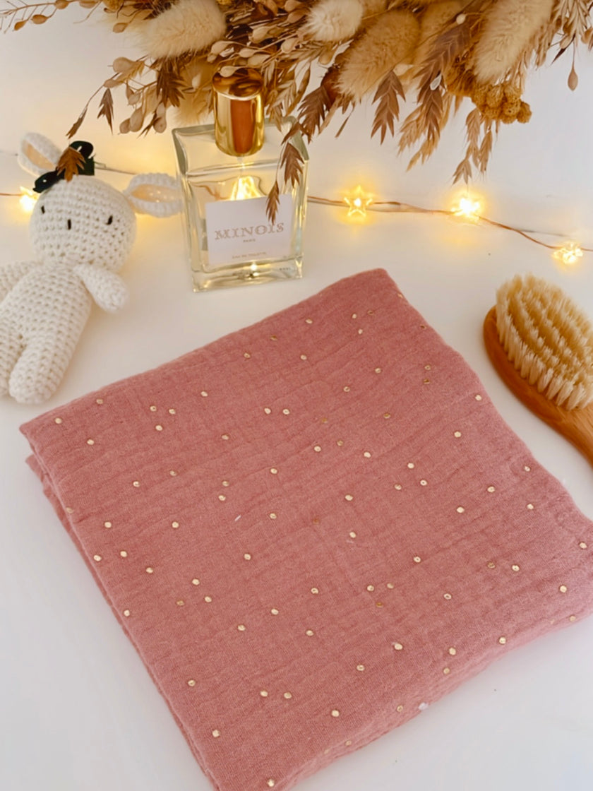 lange XXL rose avec petits pois dorés en gaze de coton bio