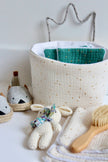 panier de rangement en gaze de coton ecru avec pois dorés 