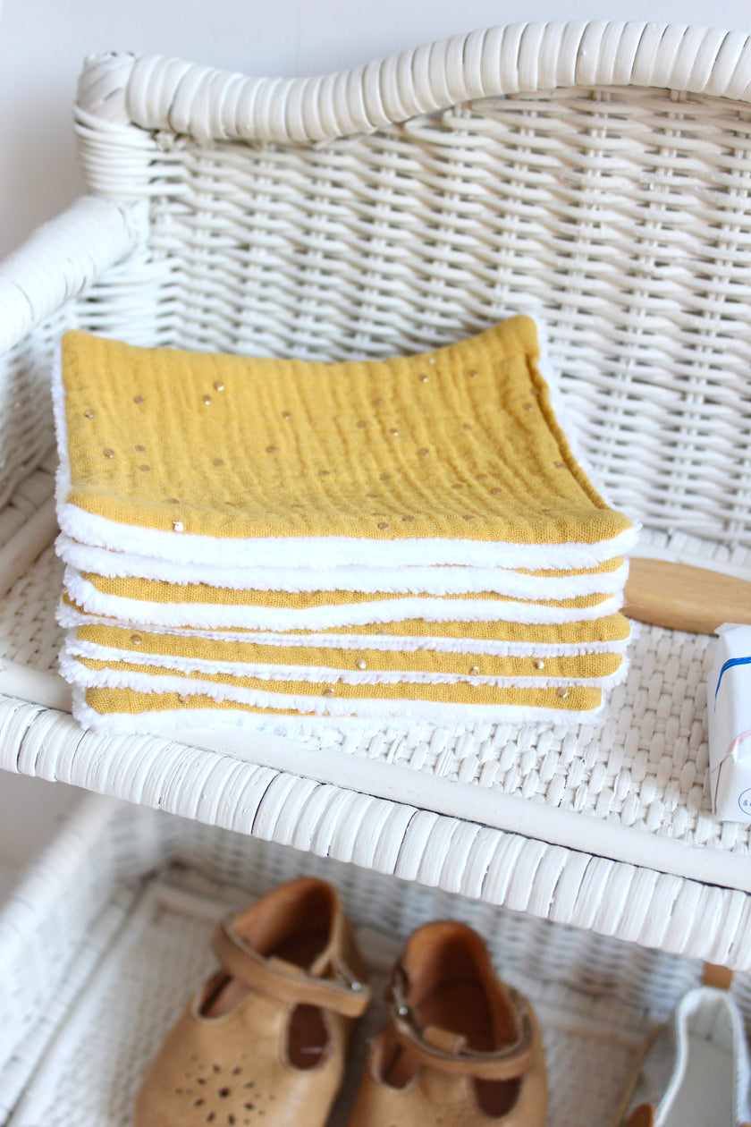 Lot de 7 cotons bébé moutarde pois dorés