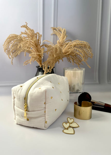 Trousse de toilette femme coeurs or