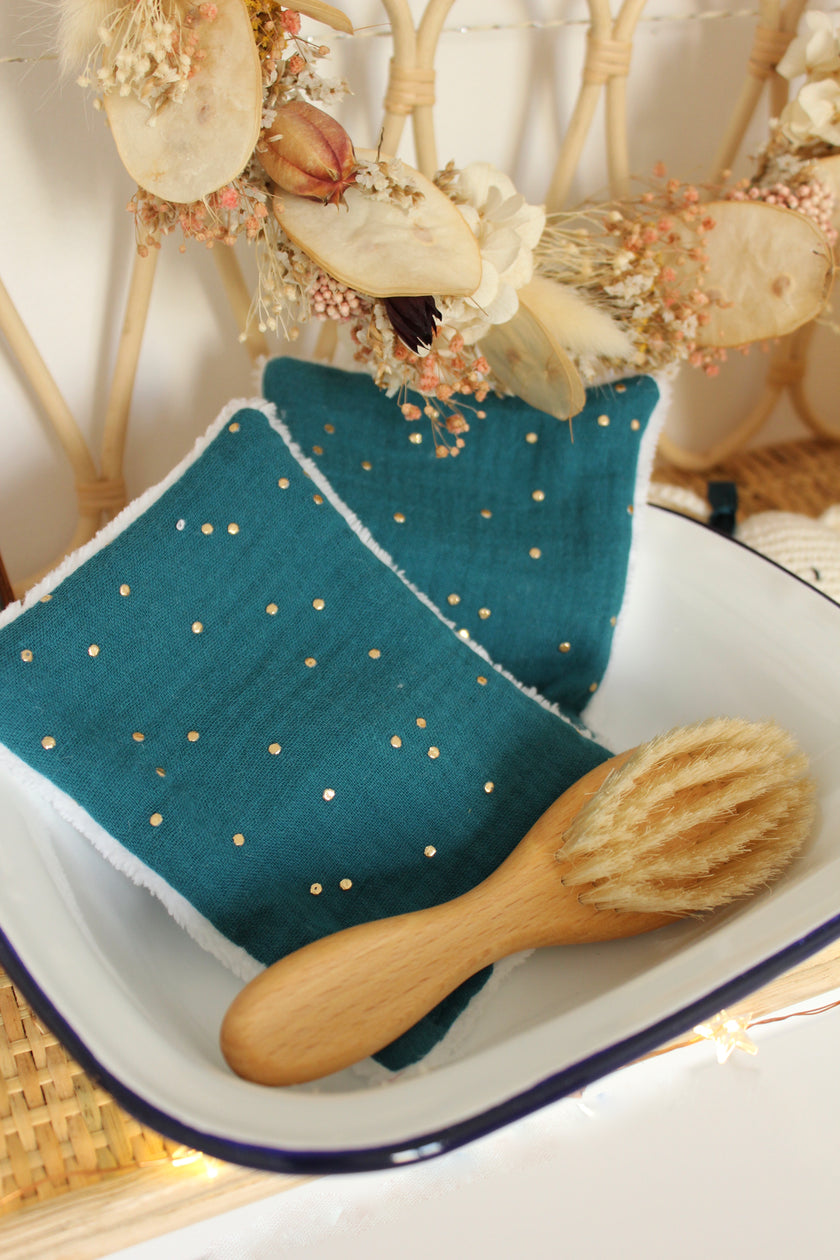 Bleu paon pois dorés