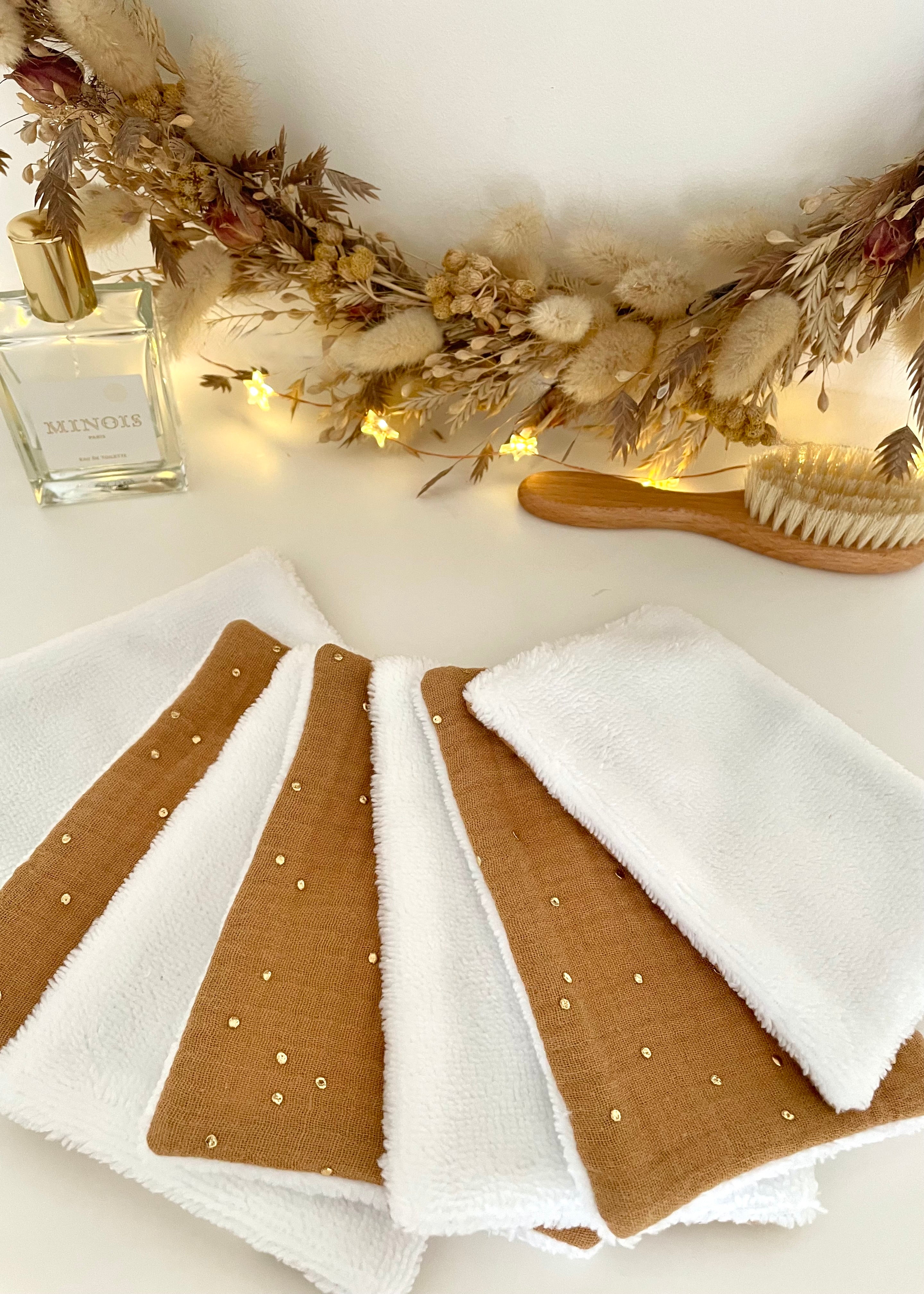 7 Lingettes femme camel pois dorés