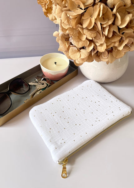 Pochette zippée blanc doré