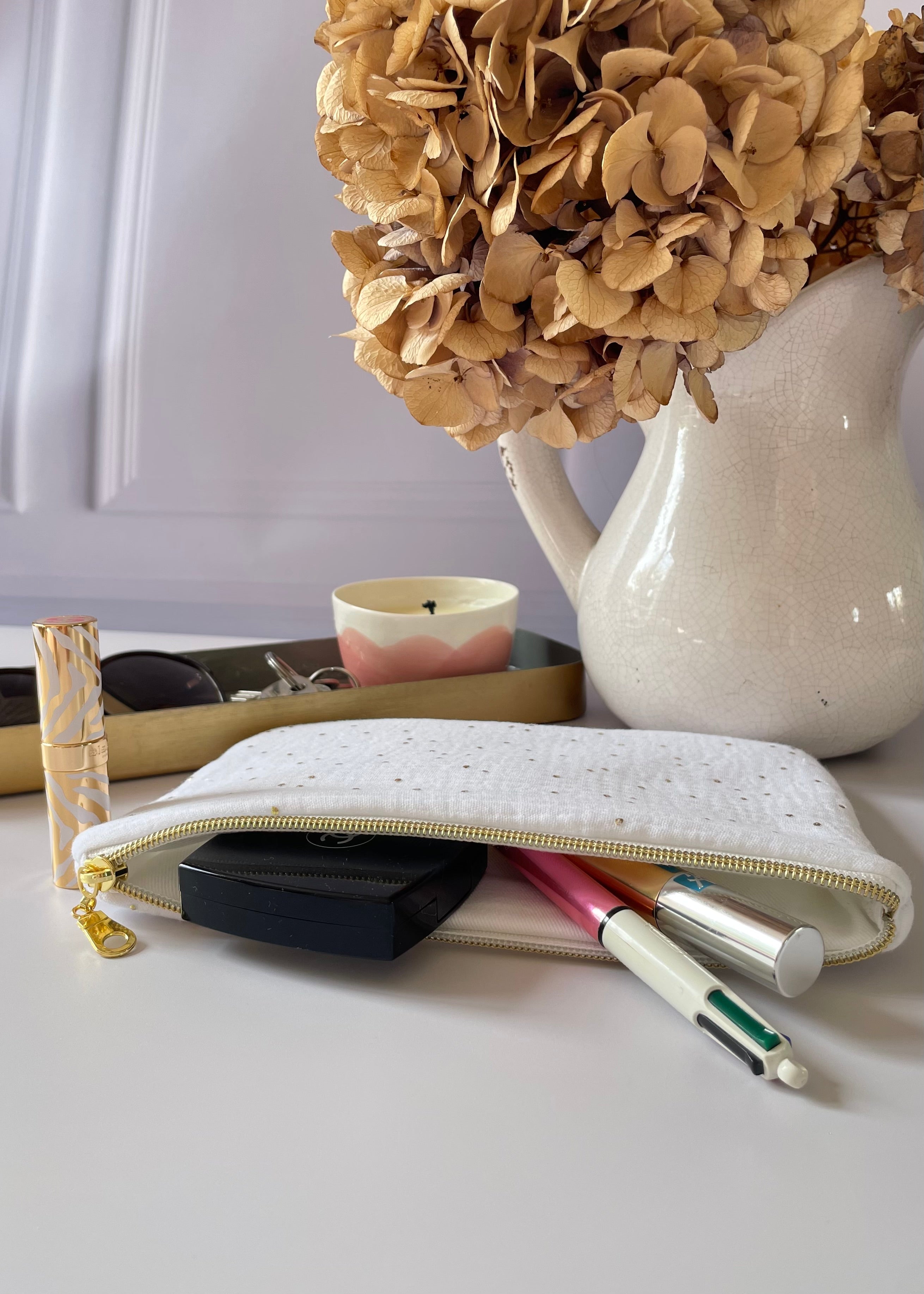 Pochette zippée blanc doré