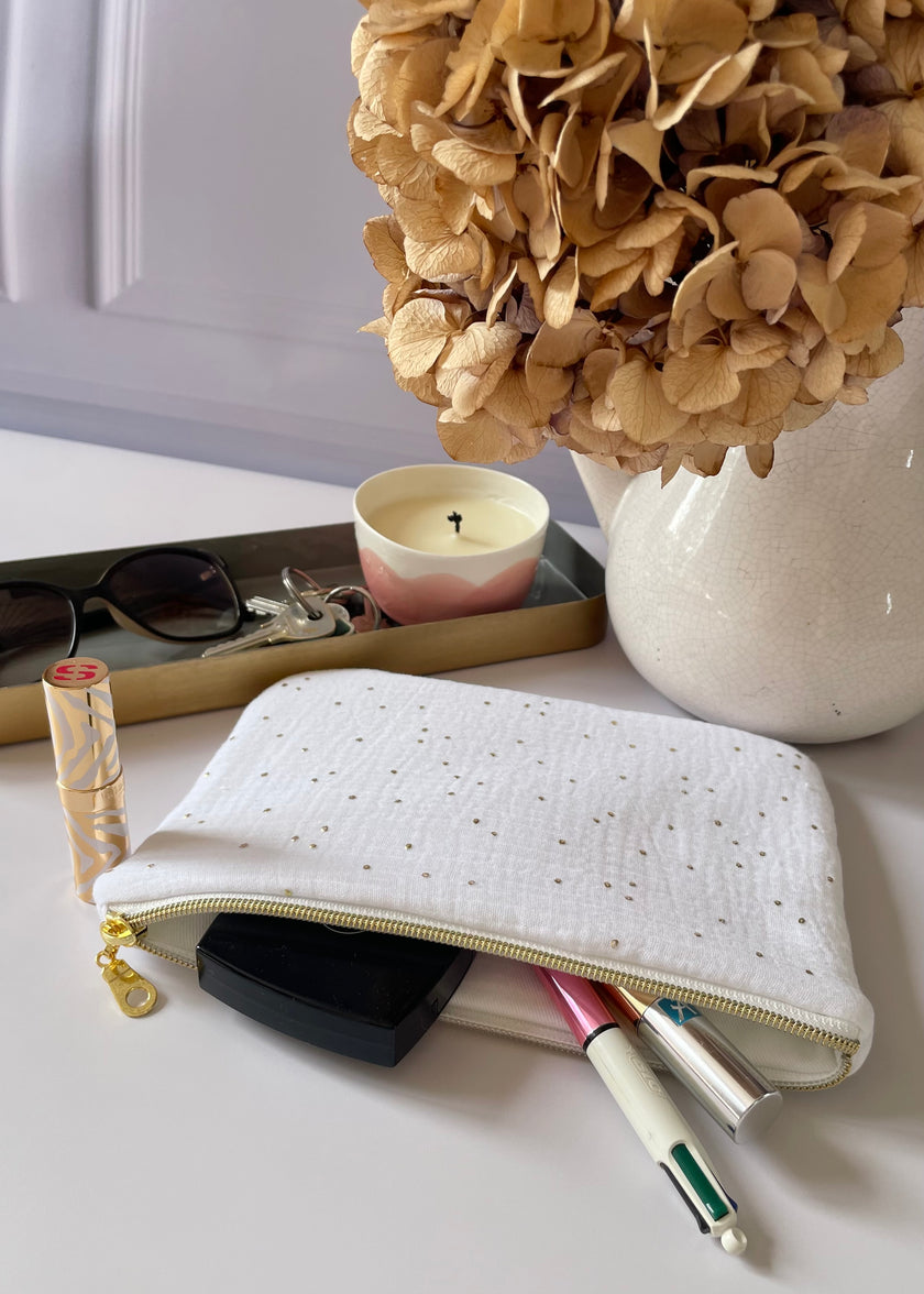 Pochette zippée blanc doré