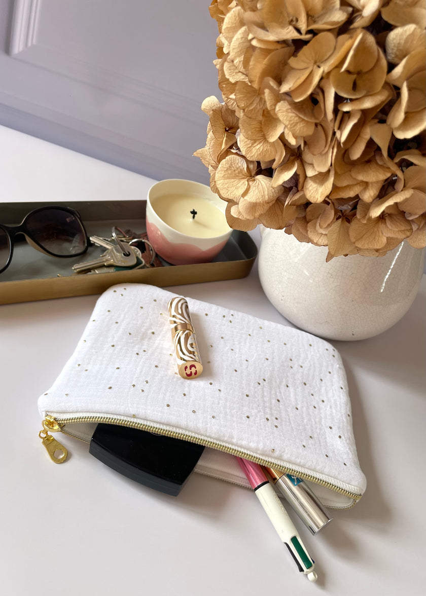 Pochette zippée blanc doré