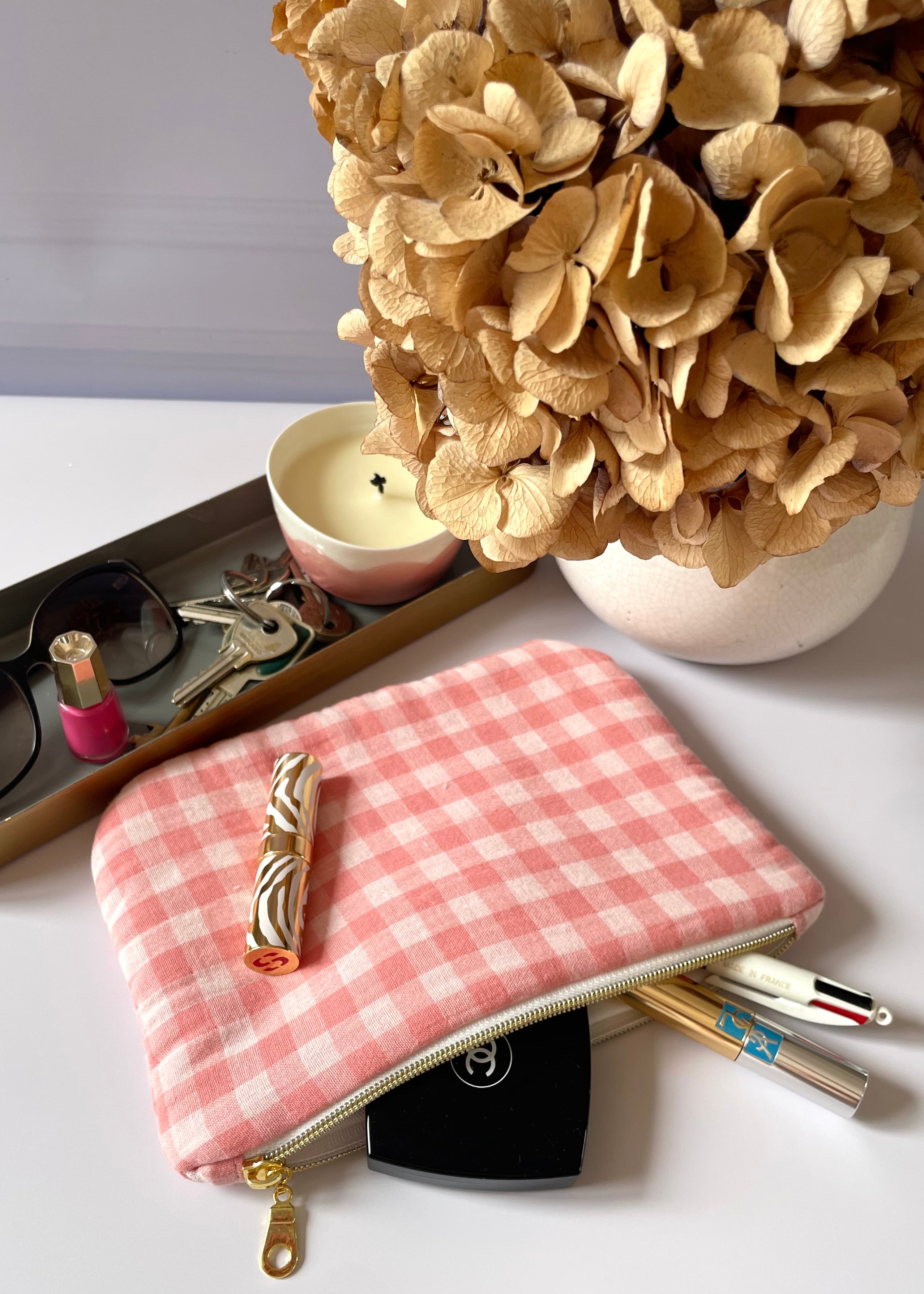 Pochette zippée vichy rose