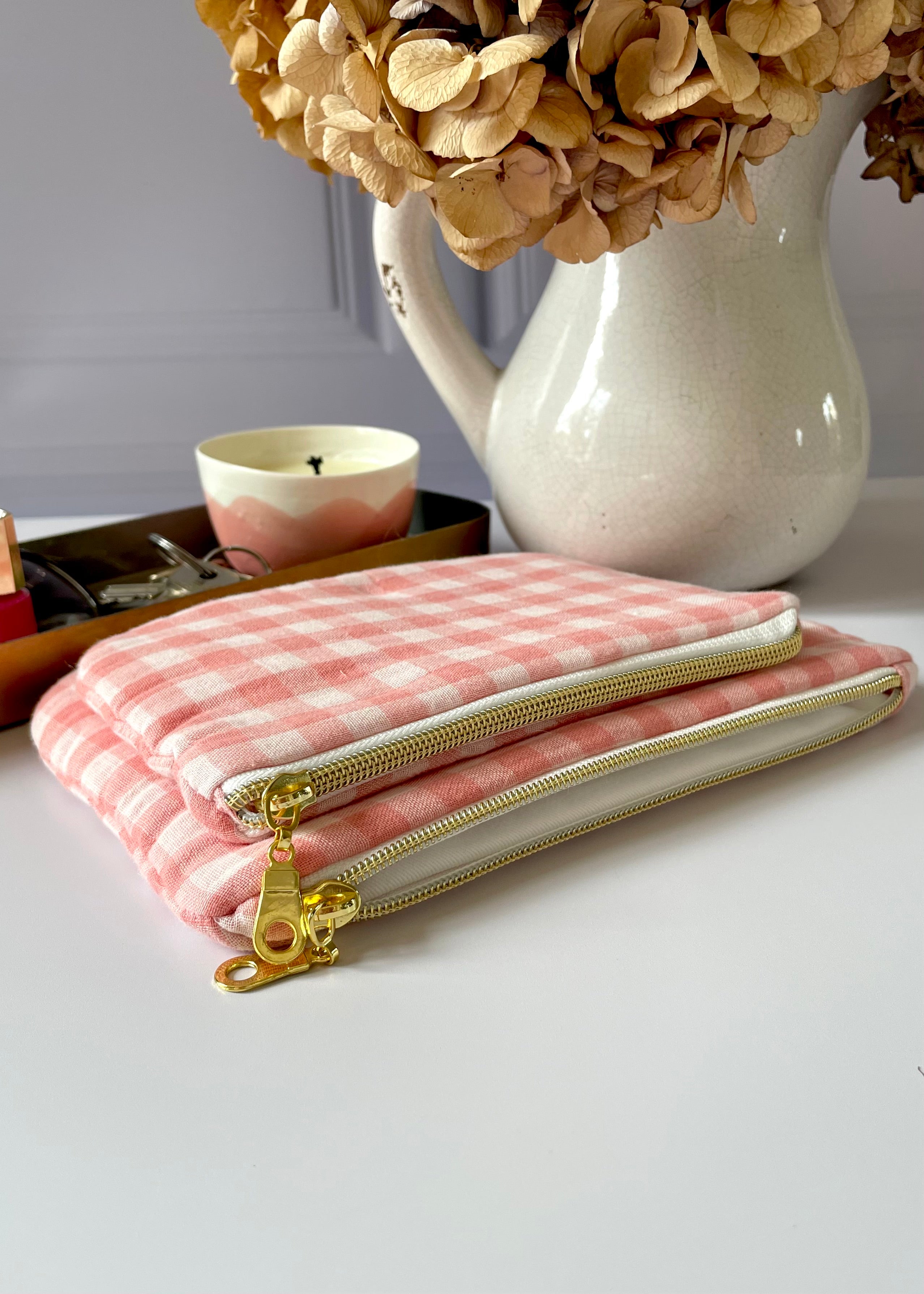 Pochette zippée vichy rose
