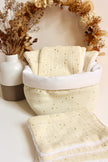 panier de rangement pour lingette réutilisable en gaze de coton écru et pois dorés