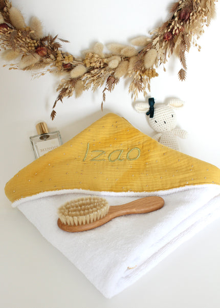 cape de bain bébé moutarde pois dorés