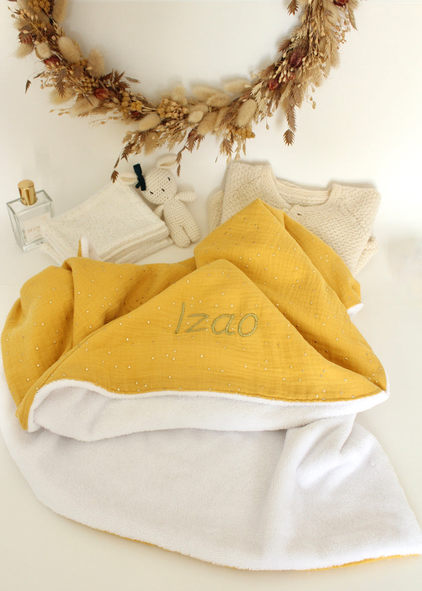 cape de bain bébé moutarde pois dorés