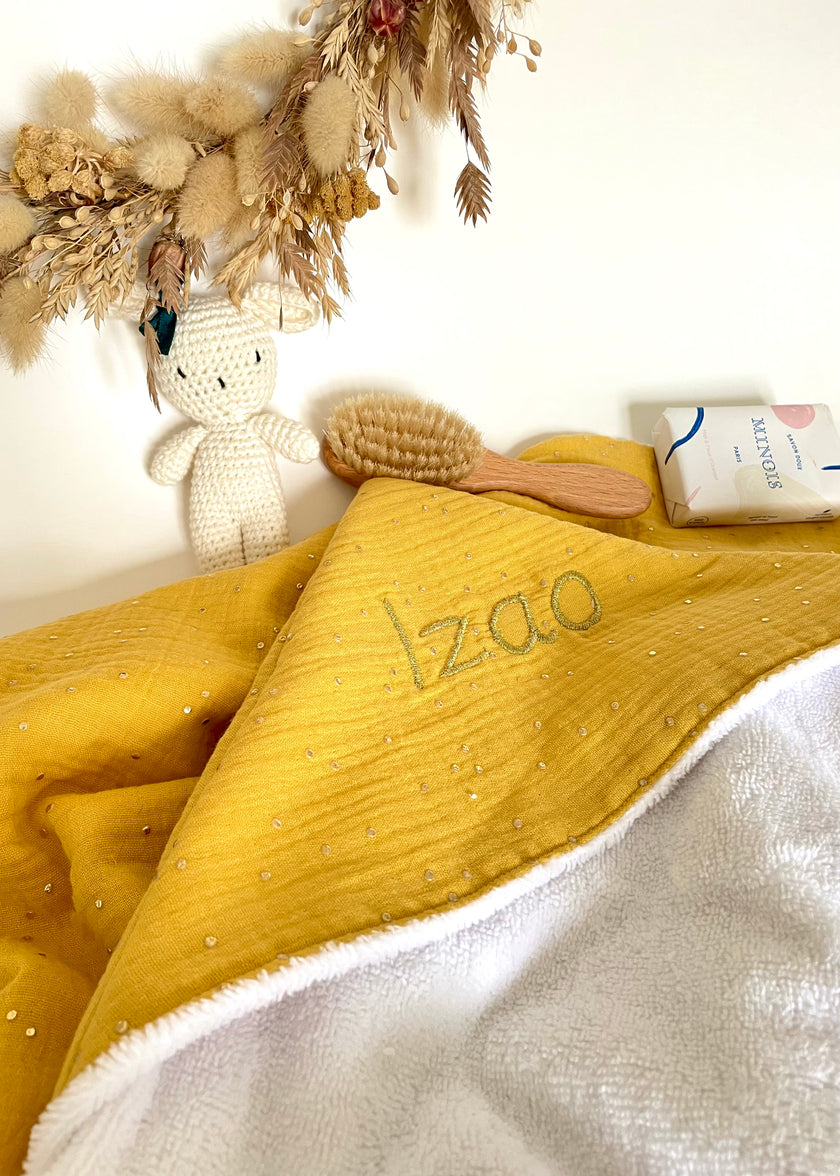 cape de bain bébé moutarde pois dorés