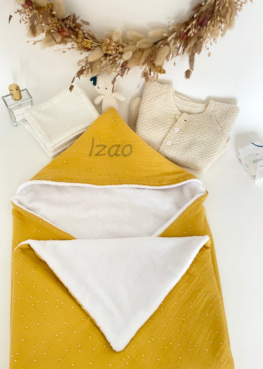 cape de bain bébé moutarde pois dorés