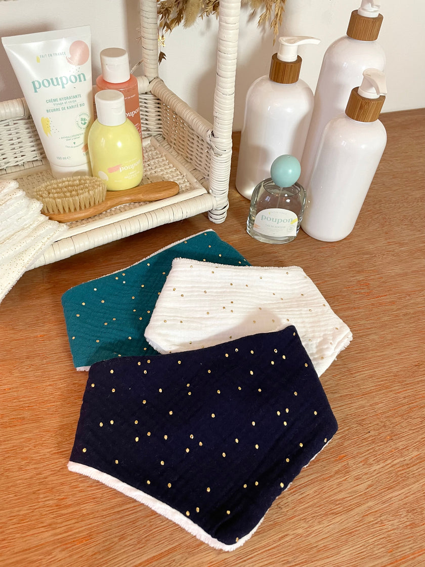 Bavoir bandana bleu nuit pois dorés
