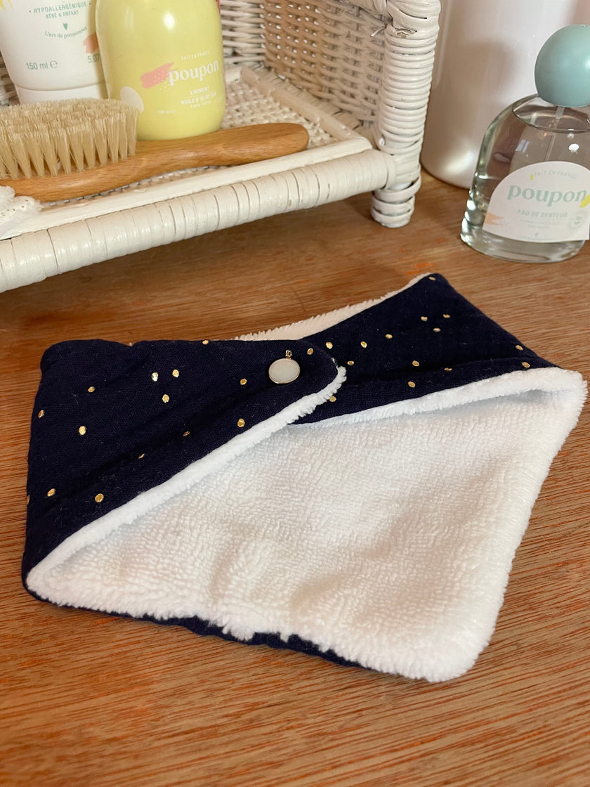 Bavoir bandana bleu nuit pois dorés