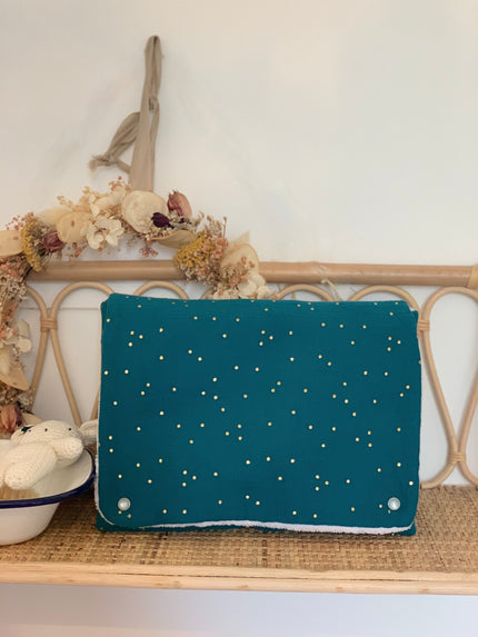 Bleu paon pois dorés