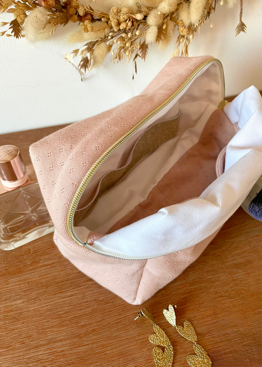 Trousse de toilette en jersey rose pointelle