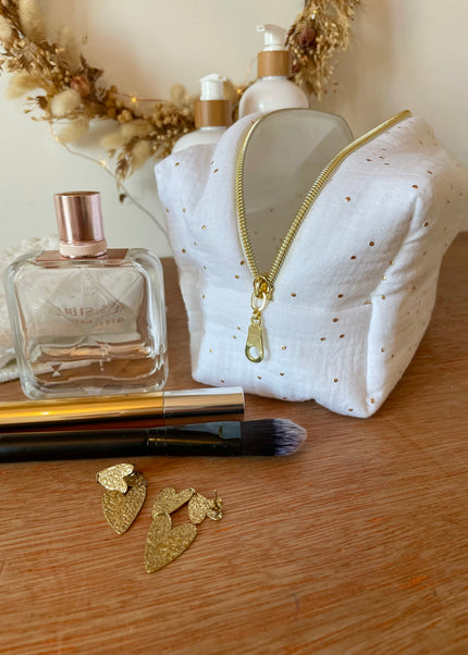 Trousse de toilette femme blanche pois dorés