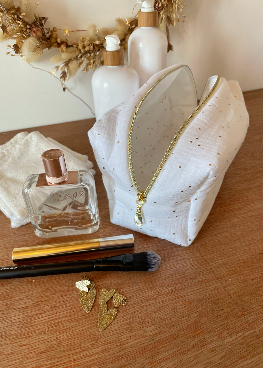 Trousse de toilette femme blanche pois dorés