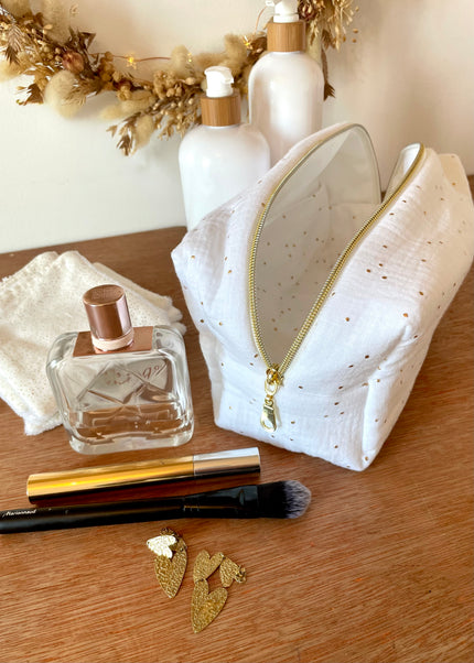Trousse de toilette femme blanche pois dorés