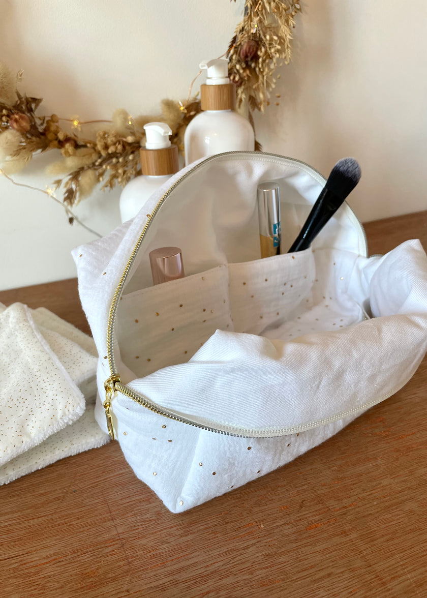 Trousse de toilette femme blanche pois dorés