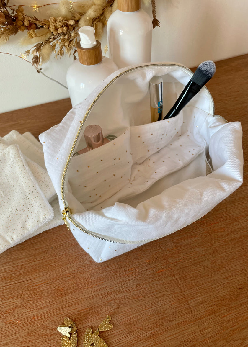 Trousse de toilette femme blanche pois dorés