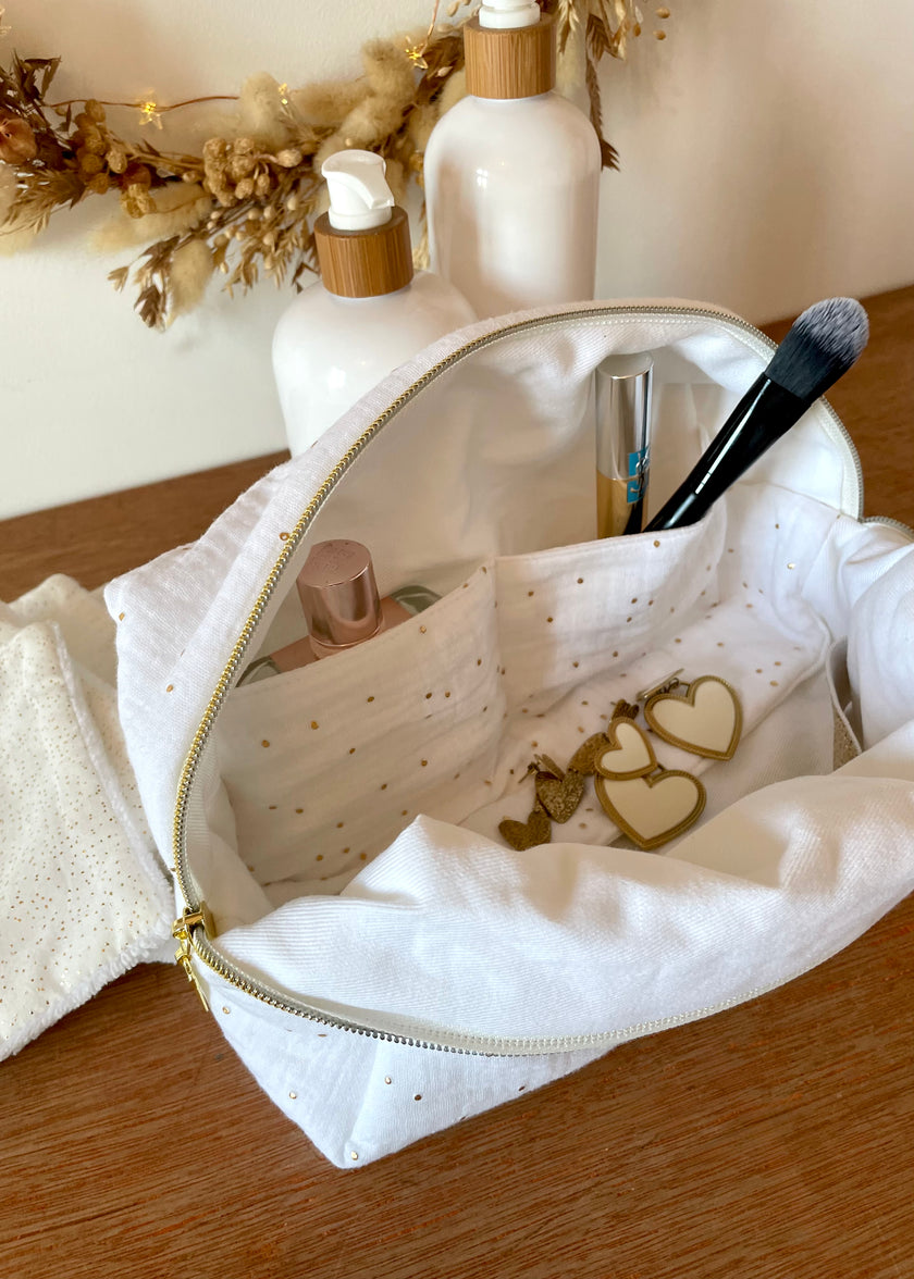 Trousse de toilette femme blanche pois dorés