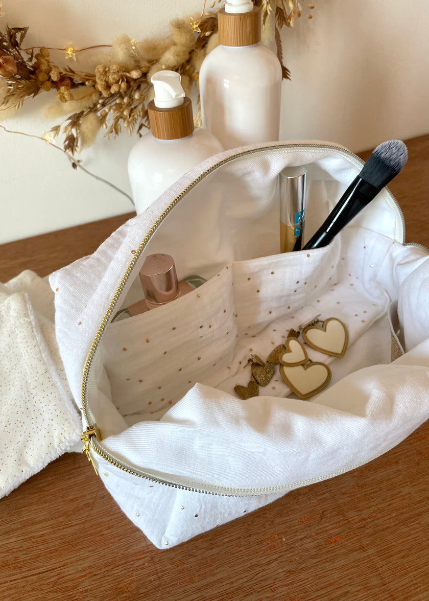 Trousse de toilette femme blanche pois dorés