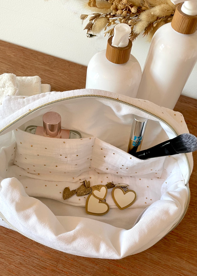 Trousse de toilette femme blanche pois dorés
