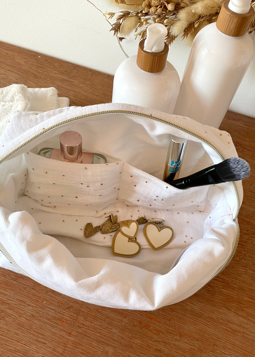Trousse de toilette femme blanche pois dorés