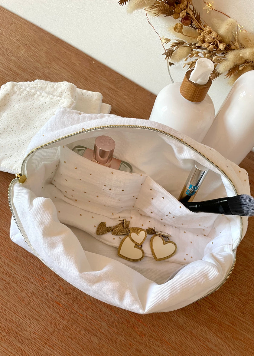 Trousse de toilette femme blanche pois dorés