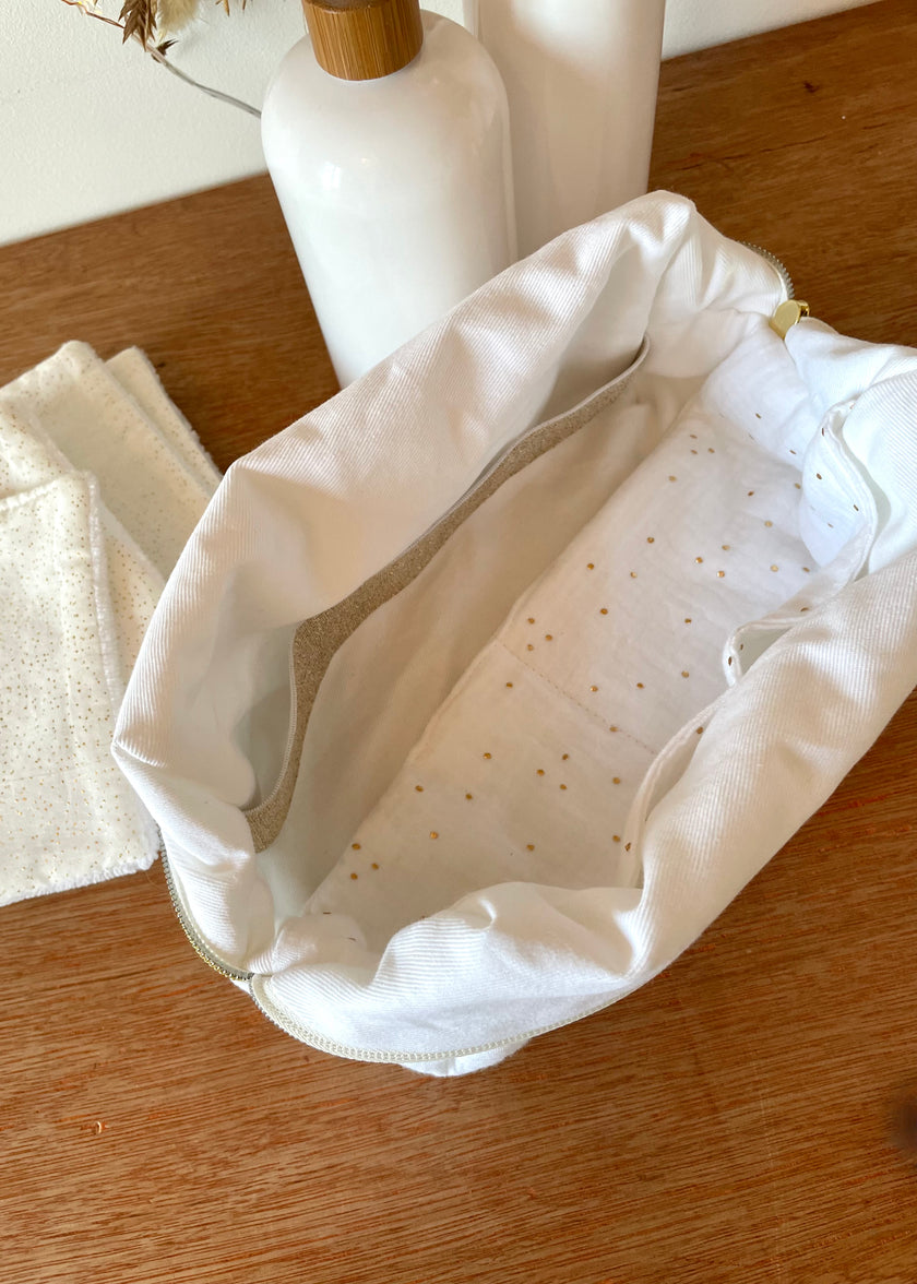 Trousse de toilette femme blanche pois dorés