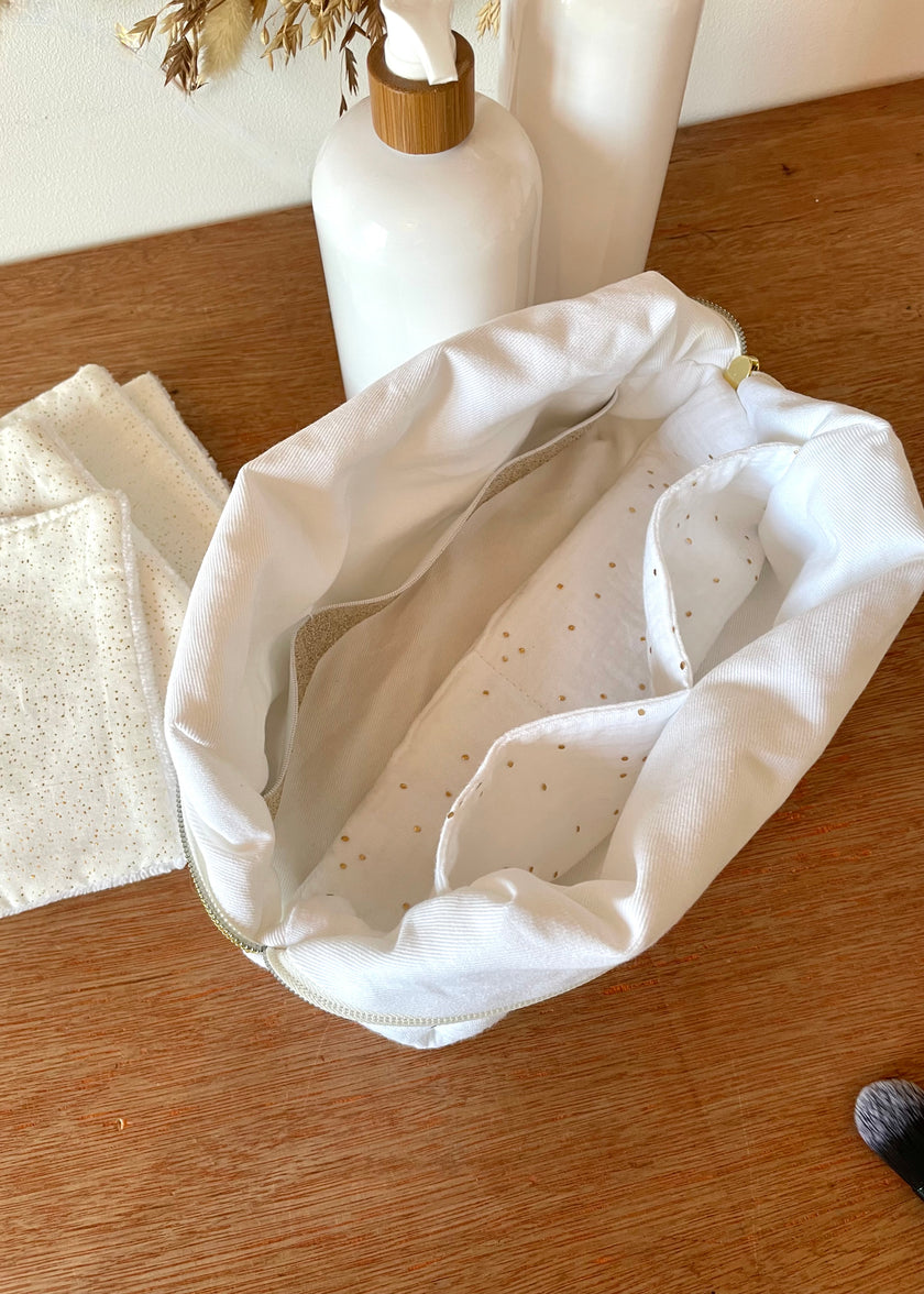 Trousse de toilette femme blanche pois dorés