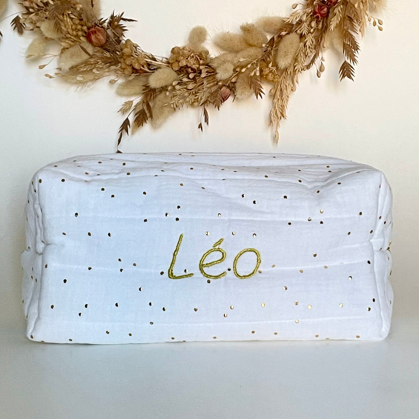 Trousse de toilette blanche pois dorés