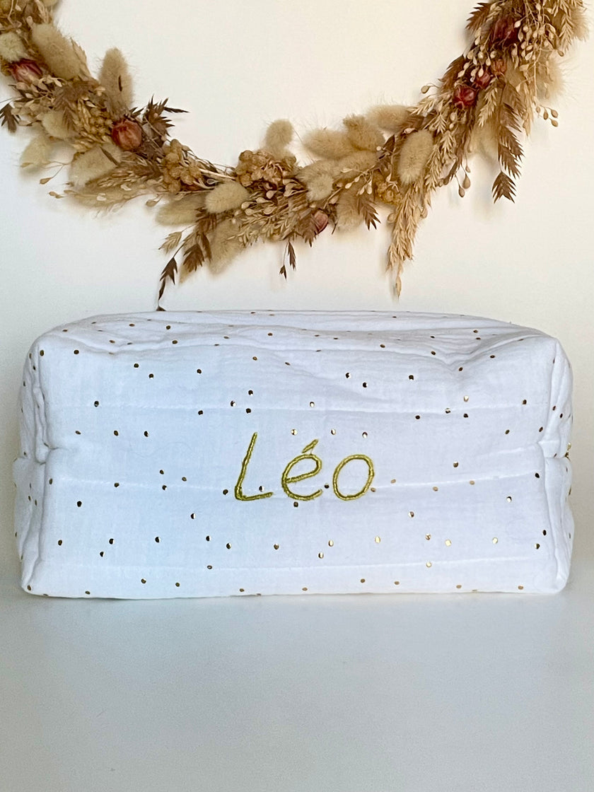Trousse de toilette blanche pois dorés