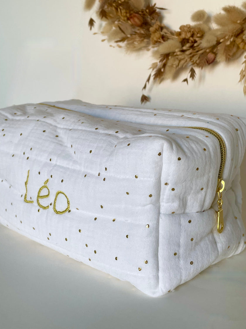 Trousse de toilette blanche pois dorés