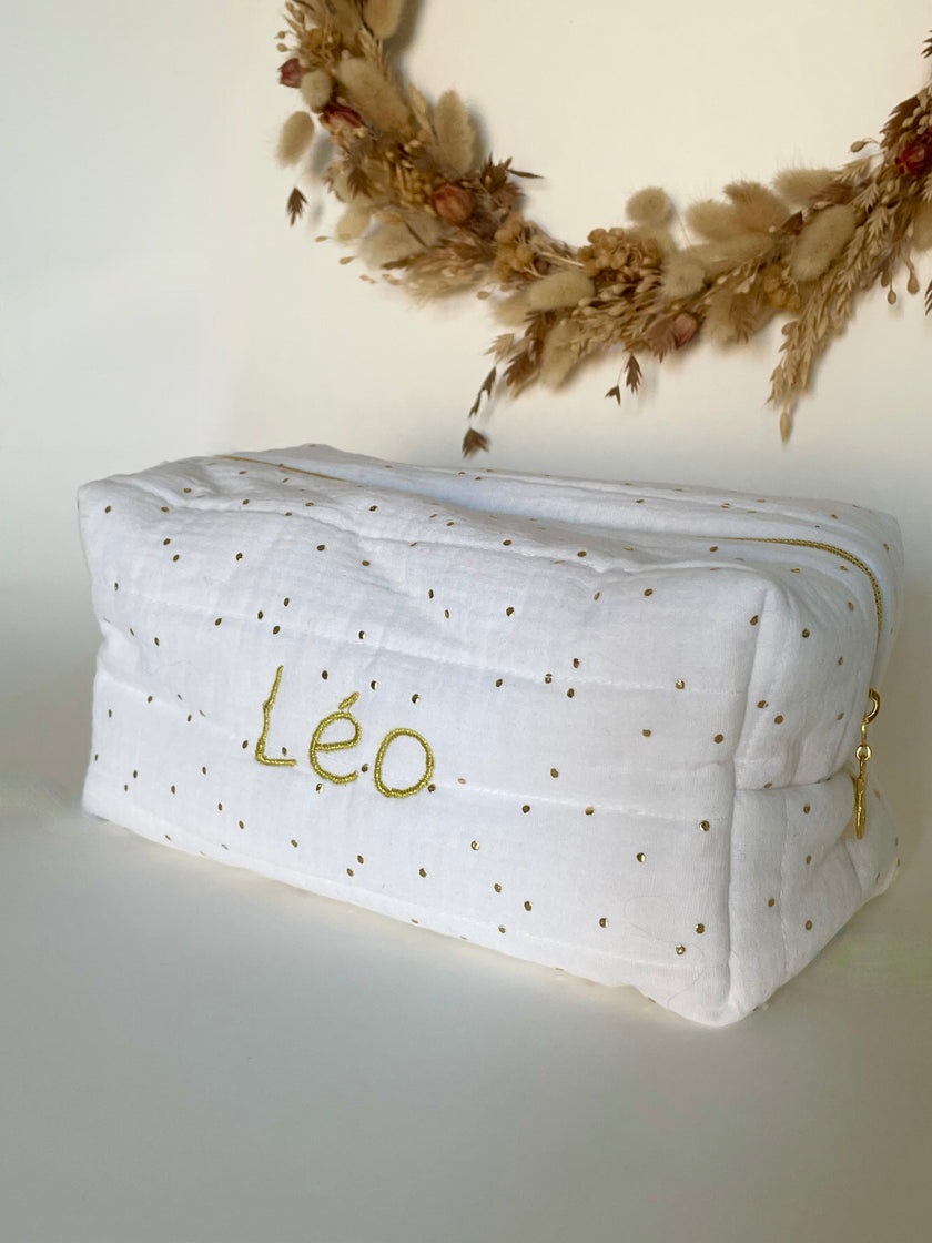 Trousse de toilette blanche pois dorés