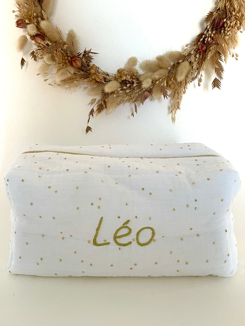Trousse de toilette blanche pois dorés