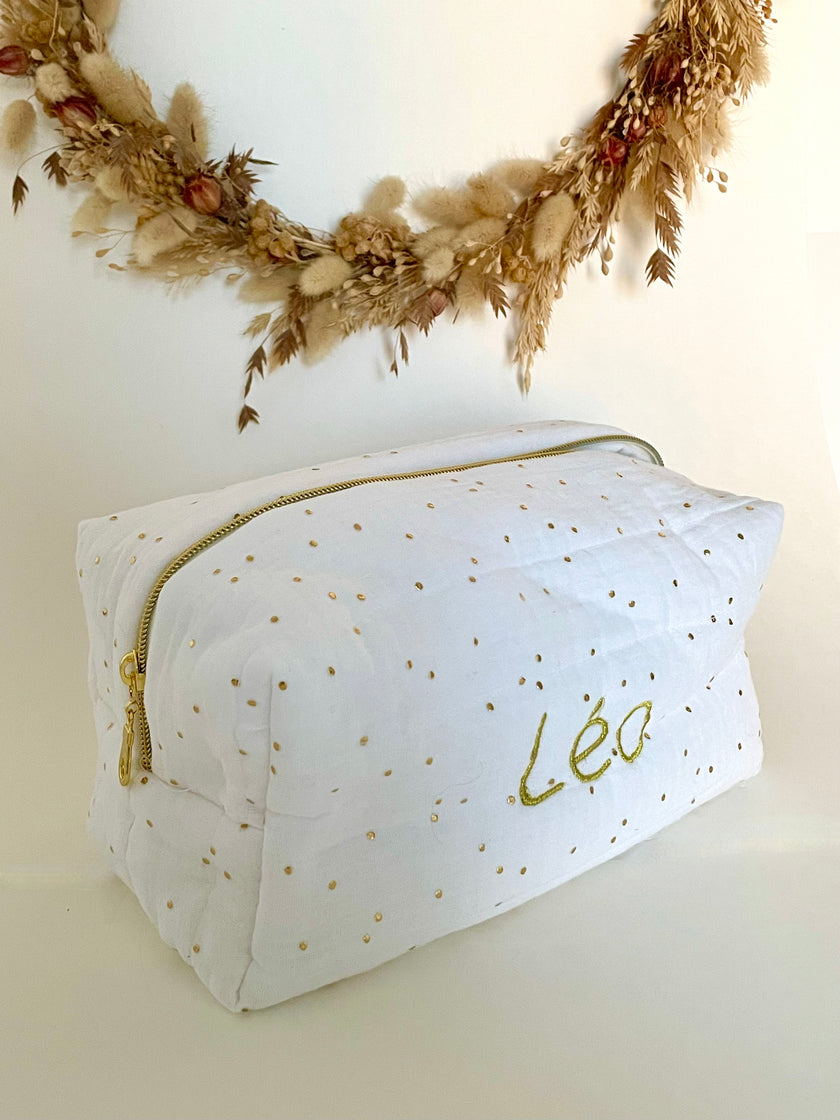Trousse de toilette blanche pois dorés