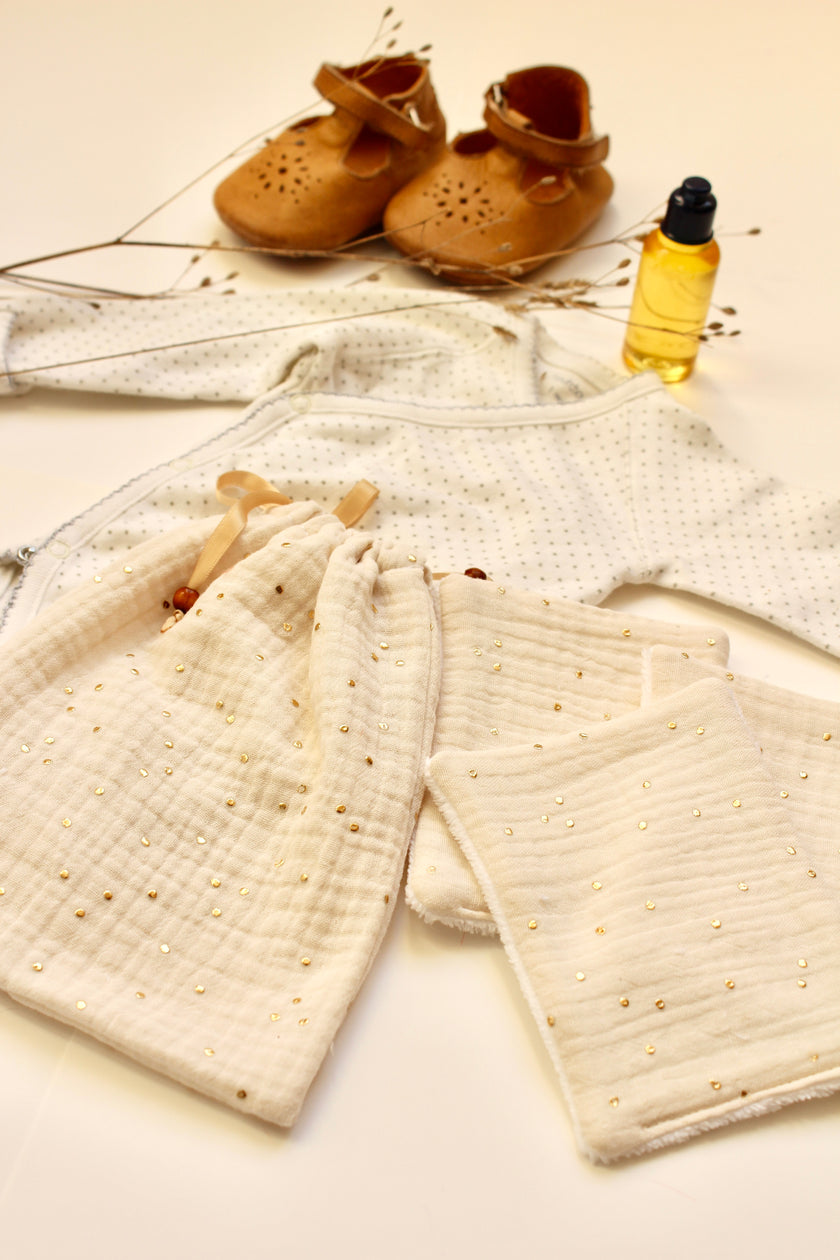 Lingettes bébé écru pois dorés