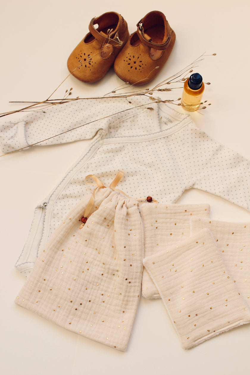 Lingettes bébé écru pois dorés