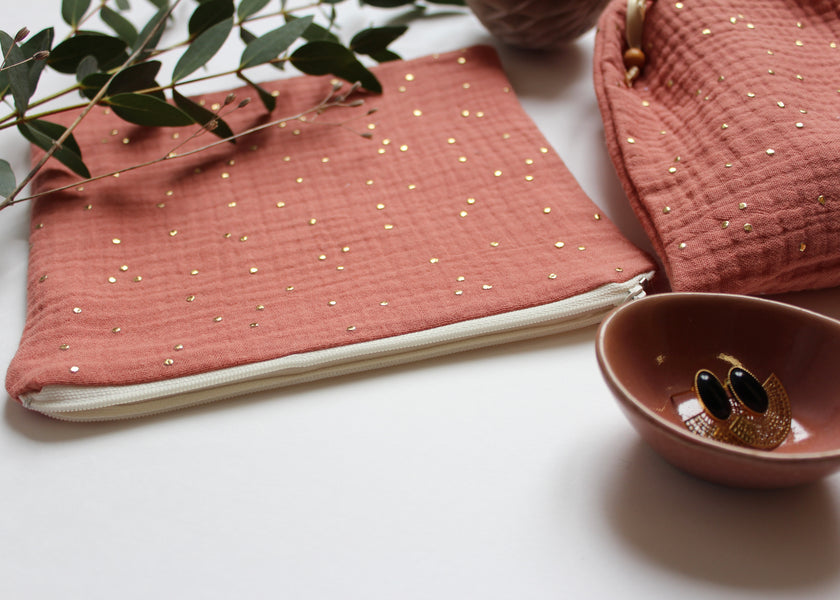 Pochette zippée terracotta doré