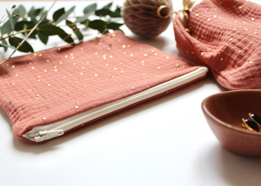 Pochette zippée terracotta doré