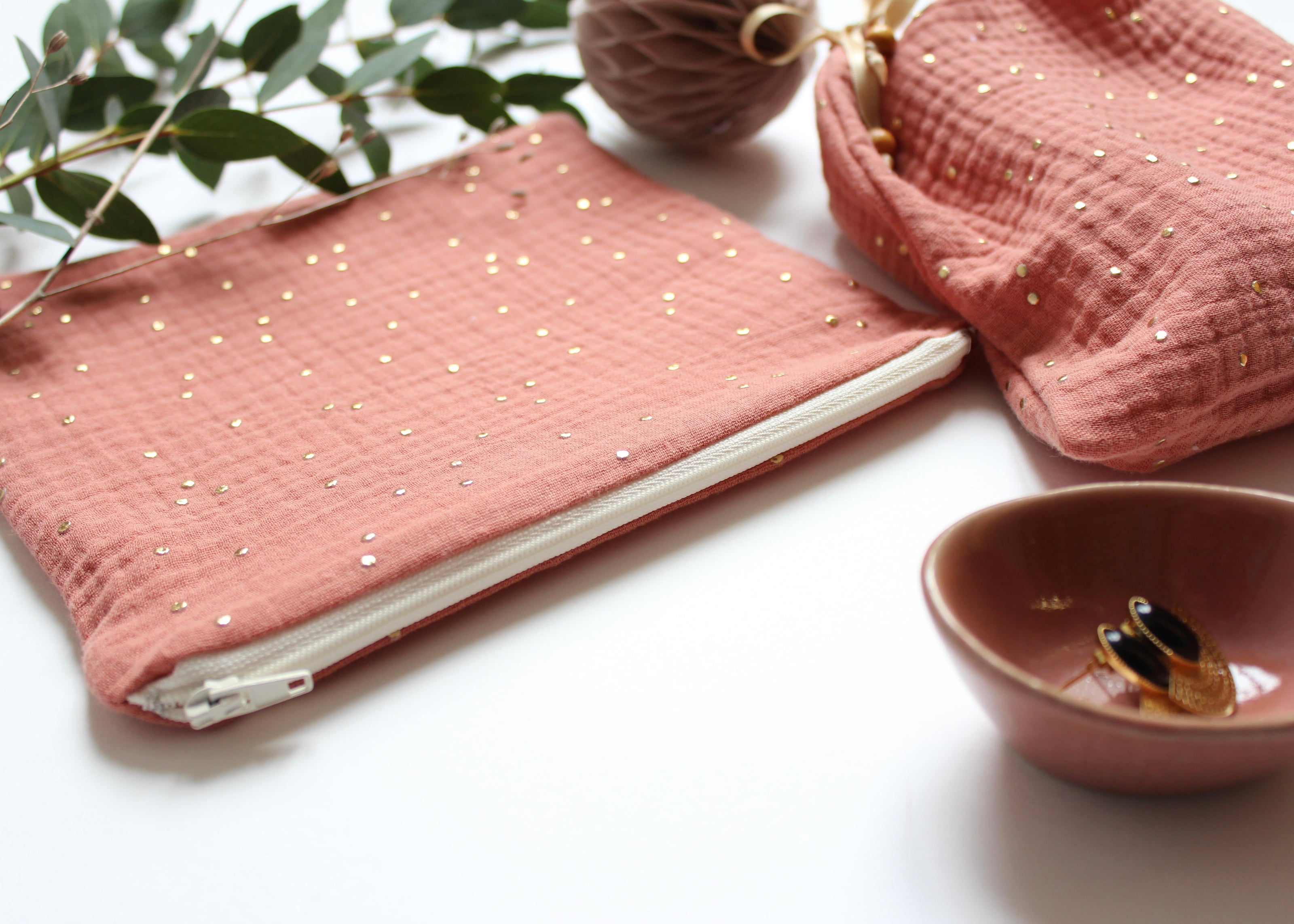 Pochette zippée terracotta doré