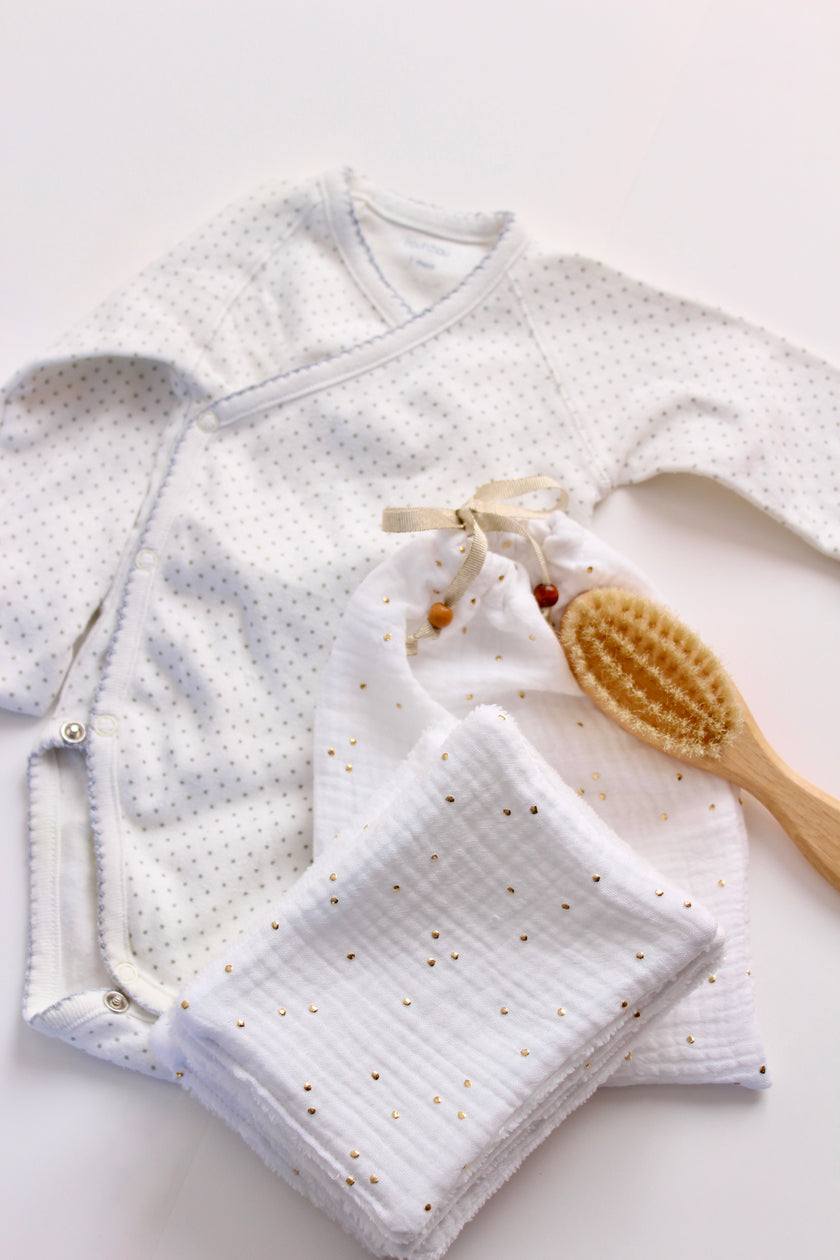 Lingettes bébé blanc pois doré