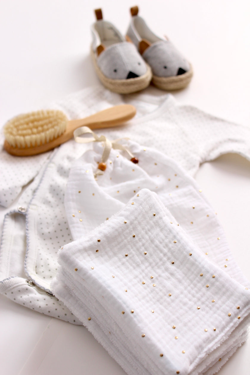 Lingettes bébé blanc pois doré