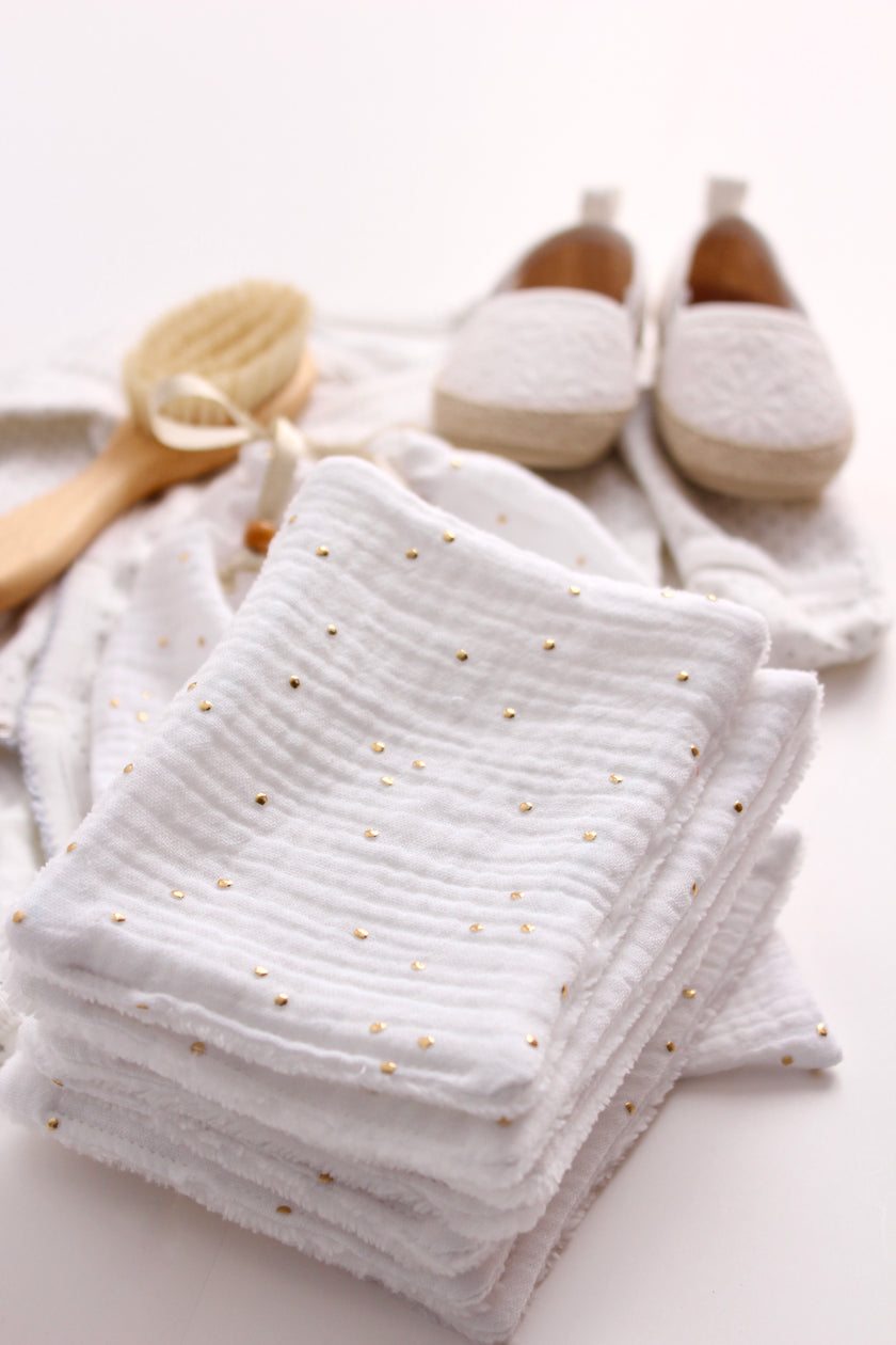 Lingettes bébé blanc pois doré
